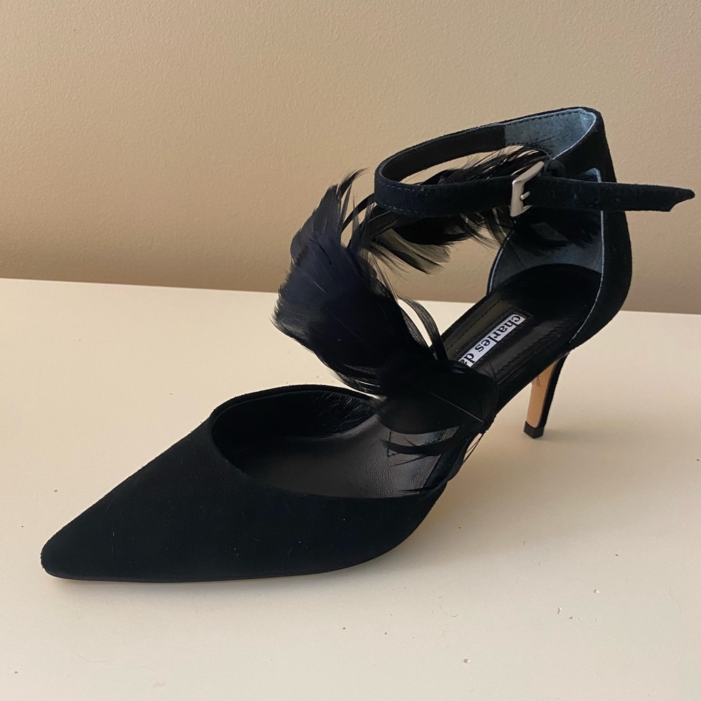 Charles David Black Suede Heels with Feather Detail